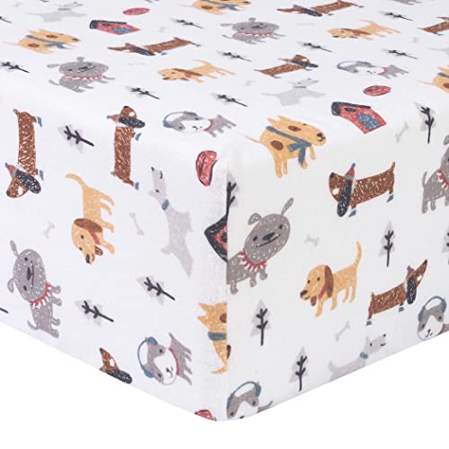Image of Dog Park Deluxe Flannel Fitted Crib Sheet-Dog Scatter Print Cotton Flannel, Grays, Taupe, Browns, Red, Blue Fully Elasticized, 10 in Deep Pockets, Fits Standard Crib Mattress 28 in x 52 in