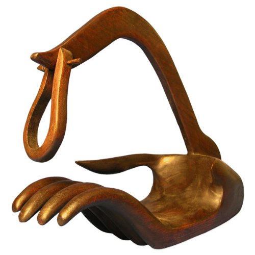 EXP Handmade Teak Wood Wine Bottle Holder Cupped Hand Design, Walnut Finish