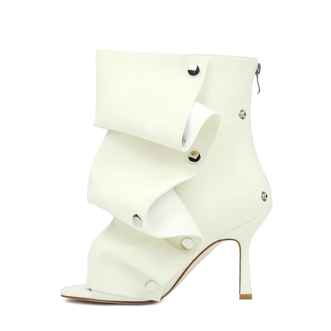 Winforea Women Open Toe Stiletto Heels Ankle Boots Ladies Wrinkles Back Zipper Buttons Boots