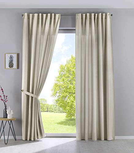 Gardinenbox Set of 2 Cationic JENA Opaque Linen Look Curtains Mottled Curtain Tape with Tie Backs, 100% Polyester, Sand, H x W 145 x 140 cm