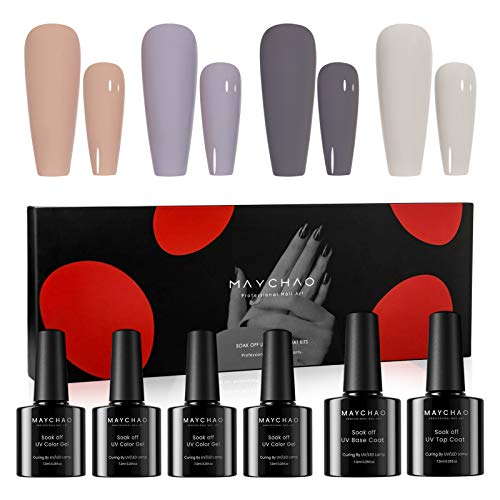 MAYCHAO Matte Gel Nail Polish Colors Set, Soak Off 4 Color Gel Polish and Base Coat Top Coat 6 Bottle Gel Polish Set, 7.3ml Each Bottle (MCA044)