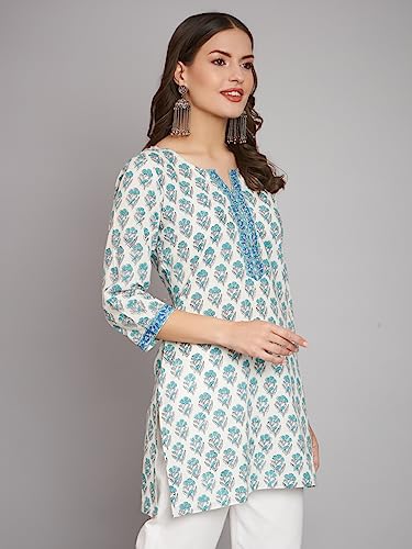 Image of Rapsodia Women Cotton White Ethnic Buti Printed Short Kurti, White Blue Kurti for Women, Short Kurta for Women, Tunic Kurti for Women Stylish, Tunic Kurti Tops for Women Stylish