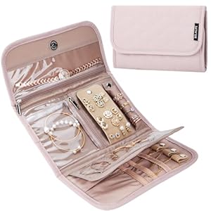 BELALIFE Travel Jewelry Case Organizer, Foldable Storage Roll for Earrings, Necklaces, Rings, Bracelets, Brooches, Pink