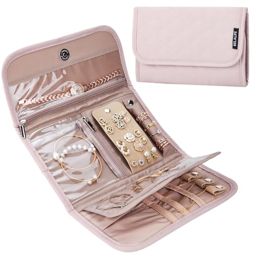 BELALIFE Travel Jewelry Case Organizer, Foldable Storage Roll for Earrings, Necklaces, Rings, Bracelets, Brooches, Pink