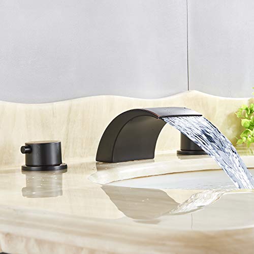 Senlesen Deck Mount Double Handles 3 Holes Waterfall LED Light Widespread Bathroom Sink Faucet Oil Rubbed Bronze