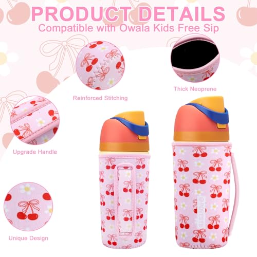 Image of Water Bottle Sleeve with Handle for Owala Kids FreeSip 16 oz, Water Bottle Scratch Resistant Sleeve, Neoprene Cover Compatible with Owala 16 oz for Boys Girls to School Travel (Cherry Bomb)