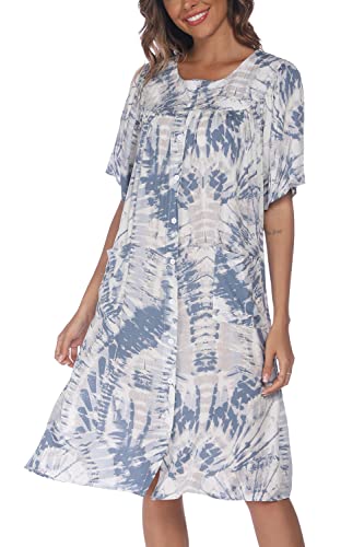 Image of COSUNIONY House Dresses for Women Cotton Short Sleeve House Coat Buttons Down Dusters Robe with Pockets S-XXL