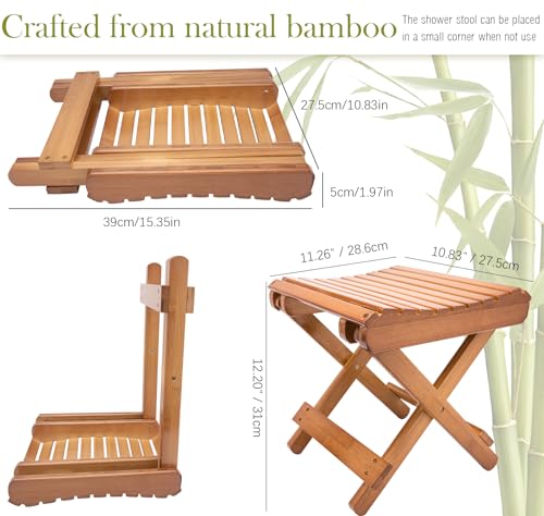 Bamboo Folding Stool for Shaving, Folding Bamboo Stool for Shower, 12 Inch Bamboo Folding Step Stool for Spa Bath Foot Rest Natural Bamboo Folding Bench Stool by LOYPP