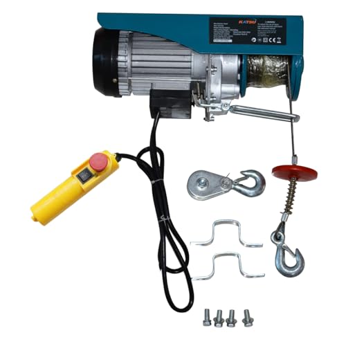 KATSU Polipasto eléctrico 400KG 1000W Cabrestante eléctrico con 18M Alambre de Acero y Control Remoto, Grúa de Elevación Eléctrico para Garaje, Tienda de Automóviles, Elevador de Techo