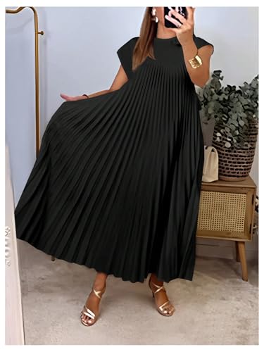 GORGLITTER Women's Pleated Church Maxi Dresses Summer Casual Short Sleeve Crew Neck Flowy Loose Long Sundresses 20253