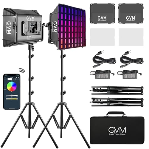 Image of GVM RGB Photography Lighting Kits with 2 Softboxes, 880RS 60W Studio Lights with Bluetooth Control, 2 Packs Video Light with 18 Lighting Scenes, led Panel Lights for Video Recording, 8330lux /0.5M