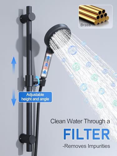 Image of Woindo Shower Faucet Set with Slide Bar, 12 inch Rain Shower Head /8'' Side Shower Head and 10 Setting Handheld Ceiling Mount 3 Push Button Diverter Complete Rainfall Shower System Included Valve Trim Kit