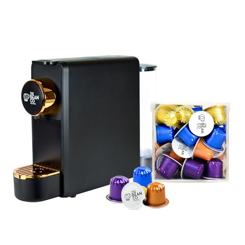 Image of THE BEAN CO Roasters Coffee Capsule Machine with 40 Coffee Pods Assorted - 19 Bar Espresso Coffee Machine for Home | Nespresso Compatible | Compact Design| Black