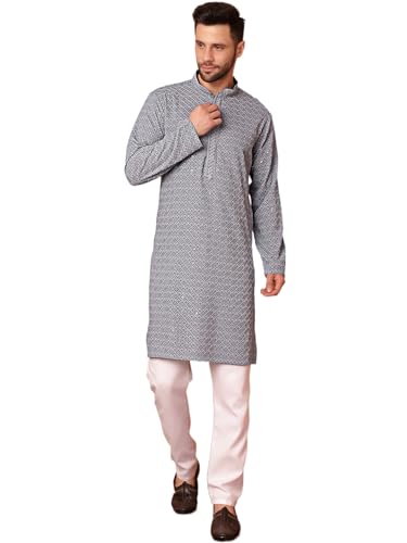Image of Jompers Men's Grey Embroidered and Sequence Kurta with Pyjama (Grey, S)