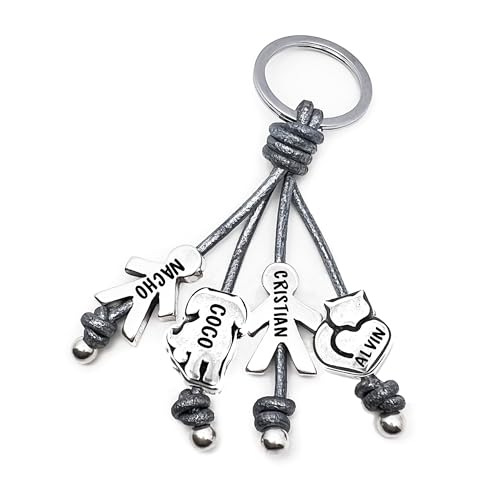 Llavero personalizado con niños y mascotas gato/perro en zamak con baño de plata y cuero | Grabado con nombre | Regalo original para padres, madres y amantes de los animales. (Llavero Cuádruple)