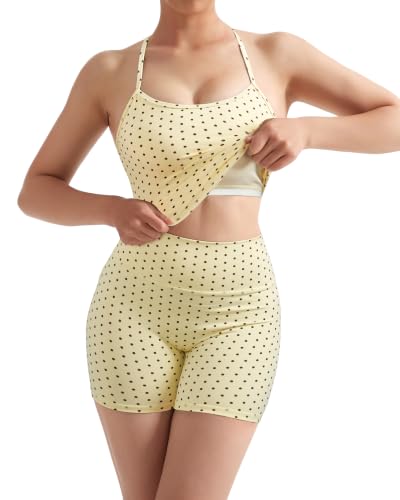 Image of SUUKSESS Women 2 Piece Workout Sets High Waisted Tummy Control Biker Shorts Halter Padded Tank Tops