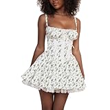 Women Floral Corset Dress Open Back Sundress Low Cut Lace Boho Summer Spaghetti Straps Square Neck Casual Mini Dress Short Bustier Dresses Y2K Party Going Out Dance Dress White Green Leaves S