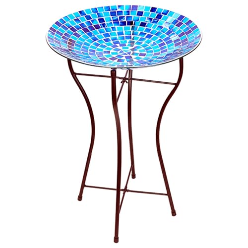 Audubon Blue Glass Mosaic Bird Bath with Folding Steel Stand – 15' Diameter Basin, 24' Tall – Outdoor Birdbath for Garden, Patio, or Yard – Vivid Blue Tiles, Easy to Clean, Weather-Resistant