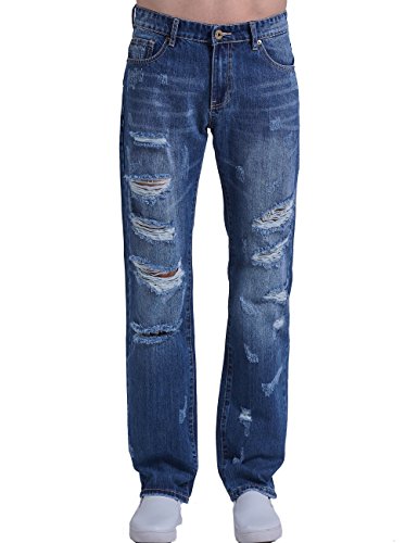 SSLR Men's Regular Fit Straight Leg Ripped Jeans (W34 x L32, Blue)