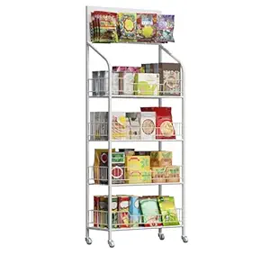 Nisorpa 4 Tier Retail Snack Display Rack, Metal Supermarket Candy Display Shelf Cart with Wheels Snack Fruits Organizer Holder Stand for Convenience Stores Home Kitchen 23.6x60.2x10.6 Inches,White