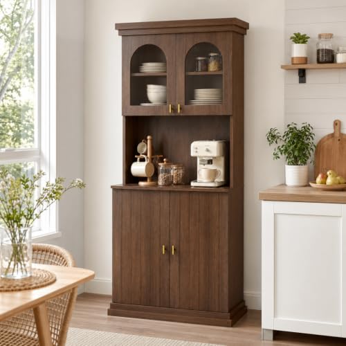 Image of ivaniti 71 inch Farmhouse Kitchen Pantry Cabinet with Arched Glass Doors, Dark Brown Freestanding Coffee Bar Hutch with Microwave Stand and Adjustable Shelves for Kitchen