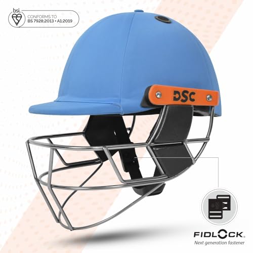 Image of DSC Empra Titanium BSI Approved Professional Cricket Helmet | BS7928 Certified Pro-Standard Hard Ball Helmet with Ultra-Light Titanium Grill & Advanced Shock Absorption | Color: Sky Blue | Size: S