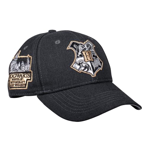 Construcción, Toy American Level Gorra Curva de Harry Potter Logo Hogwarts. Ajustable, Color Gris Oxford y Reverso de Visera Gris Perla. Bordado en Frente y Laterales.