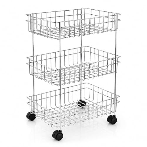 Image of TUNIS 3 Tier Stainless Steel Wire Storage Basket Trolley |Fruit & Vegetable Trolley with 360 Moving Wheels| Rack for Kitchen, Fruits, Vegetables & Grocery Storage, Movable Organizer Cart