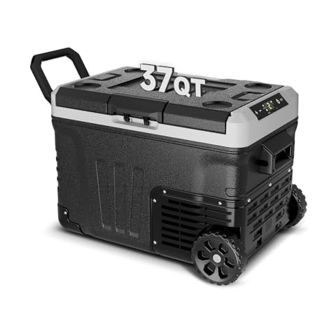 Feelfunn Car Fridge Portable 12V Refrigerator - 37 Quart(35L) Electric Cooler with 12/24V DC&110-240V AC for Truck Van RV Camper SUV, 12v Cooler with Wheels for Camping Boat Travel, -4~68°F Cover