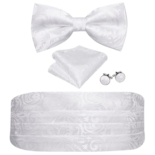 Image of Barry.Wang Men Silk Paisley Cummerbund and Pre-tied Bowtie Handkerchief Cufflink Set for Tuxedo