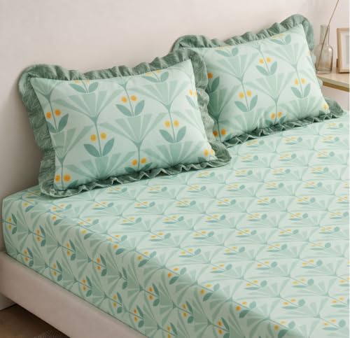 Image of BSB HOME Frill Bedsheet Set with 2 Pillow Covers - Ultra Soft Breathable Cotton Feel Fabric, Lightweight Skin-Friendly Double Bed Sheet for All Season Comfort - 228 x 254 cm (Sage Mist)