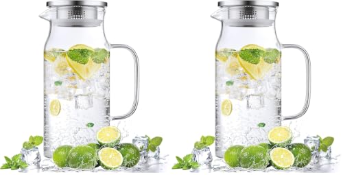 Image of Bivvclaz 1.2 Liter 40 oz Small Glass Pitcher with Lid and Handle, Glass Carafe for Hot /Cold Water, Iced Tea Jug for Coffee, Juice and Homemade Beverage (Pack of 2)