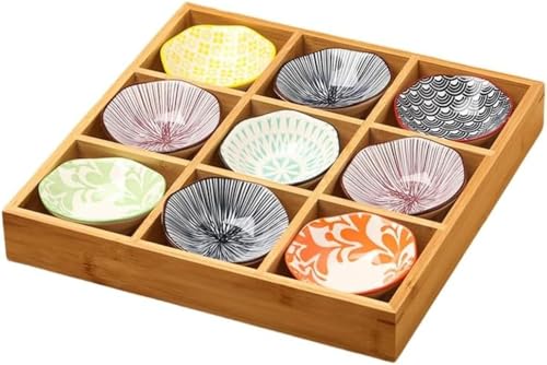 Brfveob お皿 小皿セット和風 小皿セット 竹トレイ 陶器 前菜皿 盛り鉢 深型 仕切り付き 天然木 9点セット小鉢 醤油皿 前菜皿 盛り鉢 和食器 セラミック アイスクリーム ソース皿 火鍋 焼肉屋 寿司屋 食洗機 (竹製9グリッド,B)