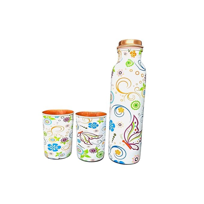 Image of Copper Water Bottle 1 Ltr | Copper Water Bottle with Glass Set | Meena Work | 100% Pure | Leak-Proof | 2 Water Glass 300ml each | Best for Gifting ((Meena - Butterfly))