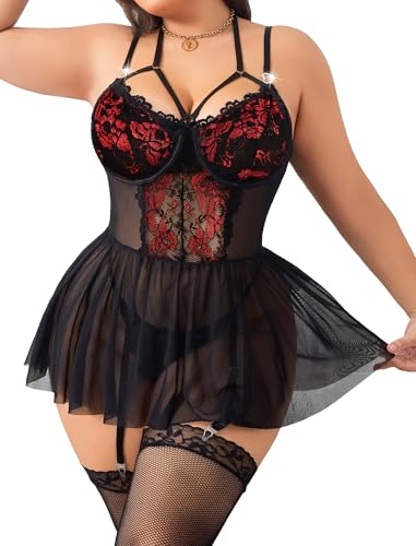 Image of Alrovetoney Plus Size Lingerie For Curvy Women Ruffle Lingerie Set Sexy Lace Lingerie Set Garter Belt With Stockings