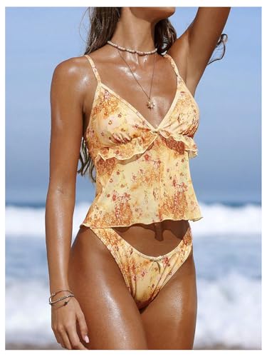 WDIRARA Women's 2 Piece Floral Ruffle Tankini Swimsuit High Cut Bathing Suit2
