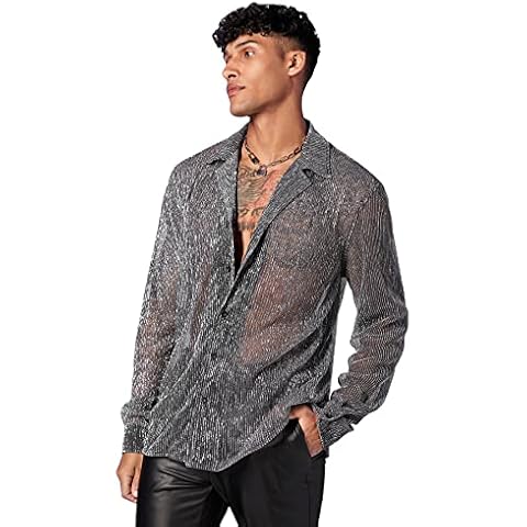 WDIRARA Men's Sheer Mesh See Through Glitter Button Front Long Sleeve Shirt Tops Silver M Cover