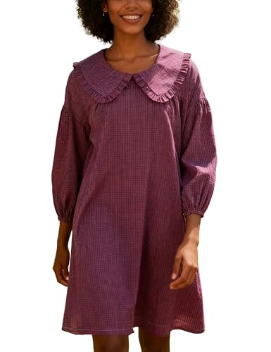 Image of Ynhonra Women's Gingham Mini Dress 3 /4 Puff Sleeve Babydoll Doll Collar
