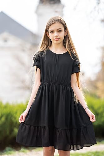 Arshiner Girls Dresses Formal Ruffle Sleeve Elegant Chiffon Party Pleated Casual Swing Dress with Pockets for 5-12 Years3