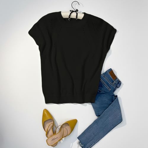 Image of Women's Short Sleeve Top Crew Neck Pullover Trendy Casual Knit Sweater Lightweight Crochet Tops