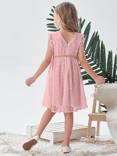 ALLOVIN Toddler and Girls Vintage Boho A-Line Lace Dress with Belt Pom Pom Trim Birthday Party Dress 3-11 Years2