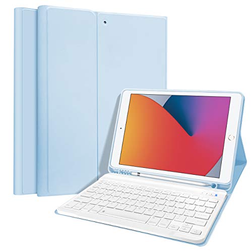DUNNO iPad 10.2 inch Keyboard Case for iPad 9th/8th/7th Generation Case (2021/2020/2019 Release), with Pencil Holder, Slim Smart Cover with Magnetically Detachable Wireless Keyboard(Ice Blue)