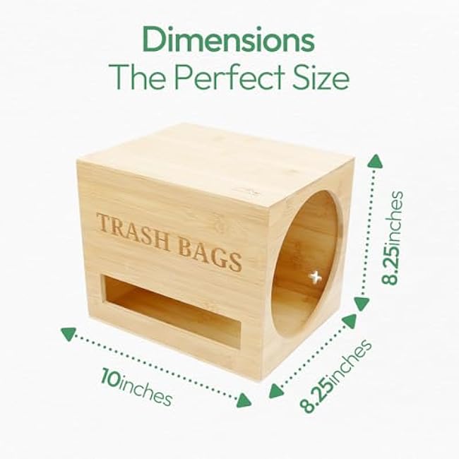 Largest Club Size Trash Bag Holder 10x8.25- Dispenser Holds 200 Bags & Regular Size Rolls, Convenient Design, Countertop or Wall-Mounted, Sturdy Bamboo, Easy to Clean