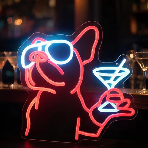 Luce al neon a LED con bulldog francese, insegna al neon per cocktail di cani, cartello a LED con vino di bulldog, decorazione da parete per stanza degli animali domestici, decorazione da parete per