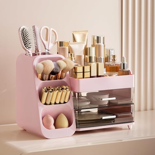 Image of HBlife Makeup Organizer with Brush Holder for Vanity, Large Plastic Bathroom Countertop Organizer Skin Care Storage, Easy to Store Lipsticks, Nail Polishes, Perfumes, Eyeshadow Palettes, Pink