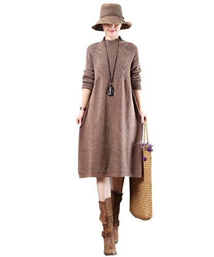 MedeShe Women's Long Sleeved Cotton Knitted Sweater Pull Over (US 8/10, Thin Light Coffee)