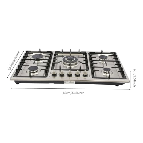 Placa de gas de 5 fuegos de cocina empotrable de 86 cm para gas natural y restauración 6
