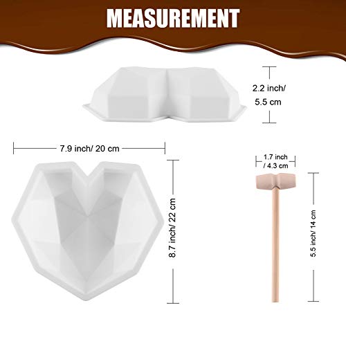 Fashionclubs Diamond Heart Cake Mold Trays, 2pcs Chocolate Heart Mold 3D Love Mousse Silicone Baking Pan Molds Nonstick, 8.7 Inch with 4pcs Wooden Hammers Mallet Pounding for Kitchen DIY Baking Tools - Thumbnail 7