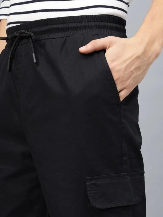 Image of Veirdo Pure Cotton Baggy Fit Regular Length Mid Rise 4 Pocket Cargos for Men (Colors: Black, Olive, Grey, Brown & Navy)