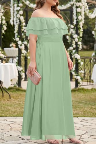Image of Pinup Fashion Plus Size Formal Bridesmaid Wedding Guest Chiffon Long Dress | Chiffon, off-the-shoulder neckline, layered ruffles, ruched elastic waist, floor-length, evening party, wedding guest